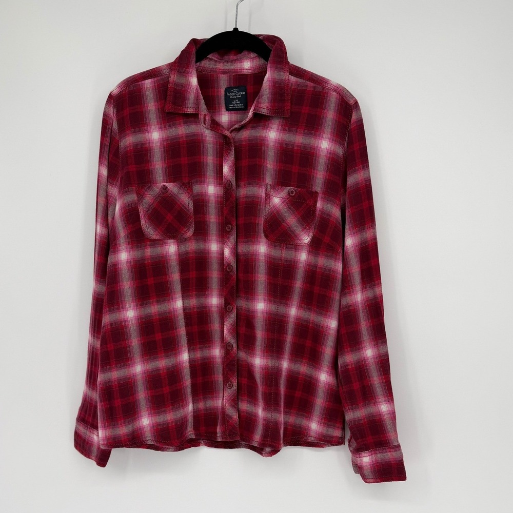 Faded Glory Womens Red Plaid Organic Cotton Button Down Shirt L 12-14 FL40202T